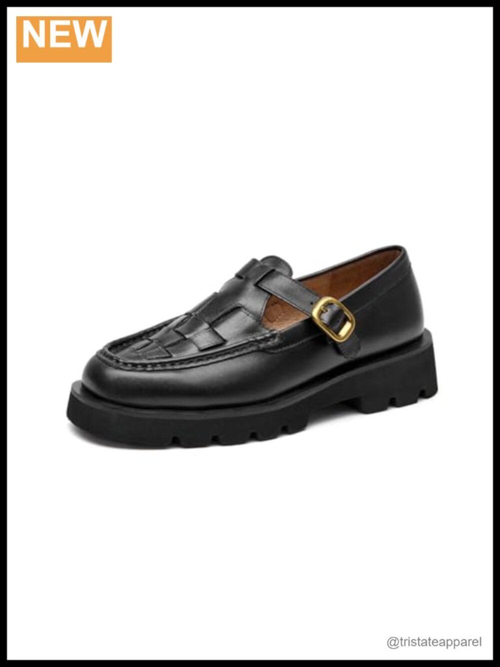 Hand Woven Leather Platform Loafers T-Strap Lug Sole Slip-On